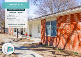 704 Larch St #11, Thornton, Iowa 50479, 1 Bedroom Bedrooms, ,1 BathroomBathrooms,Apartment,For Rent,Pleasant View,Larch St #11,1132