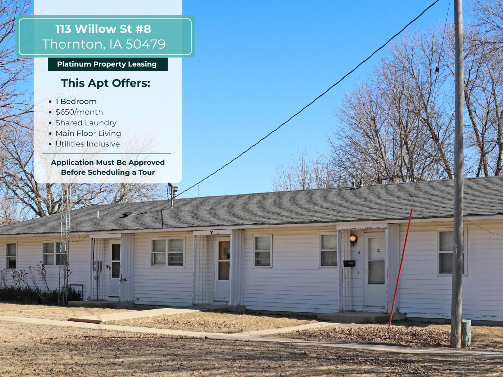 113 Willow St #8, Thornton, Iowa 50479, 1 Bedroom Bedrooms, ,1 BathroomBathrooms,Apartment,For Rent,Willow St #8,1169