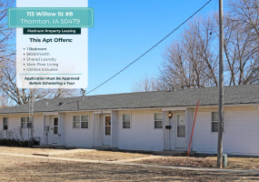 113 Willow St #8, Thornton, Iowa 50479, 1 Bedroom Bedrooms, ,1 BathroomBathrooms,Apartment,For Rent,Willow St #8,1169