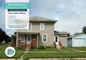 1504 N Adams Ave, Mason City, Iowa 50401, 2 Bedrooms Bedrooms, ,1 BathroomBathrooms,Duplex,For Rent,N Adams Ave,1368