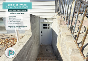220 #11 3rd St NW, Mason City, Iowa 50401, 1 Bedroom Bedrooms, ,1 BathroomBathrooms,Apartment,For Rent,3rd St NW ,1396